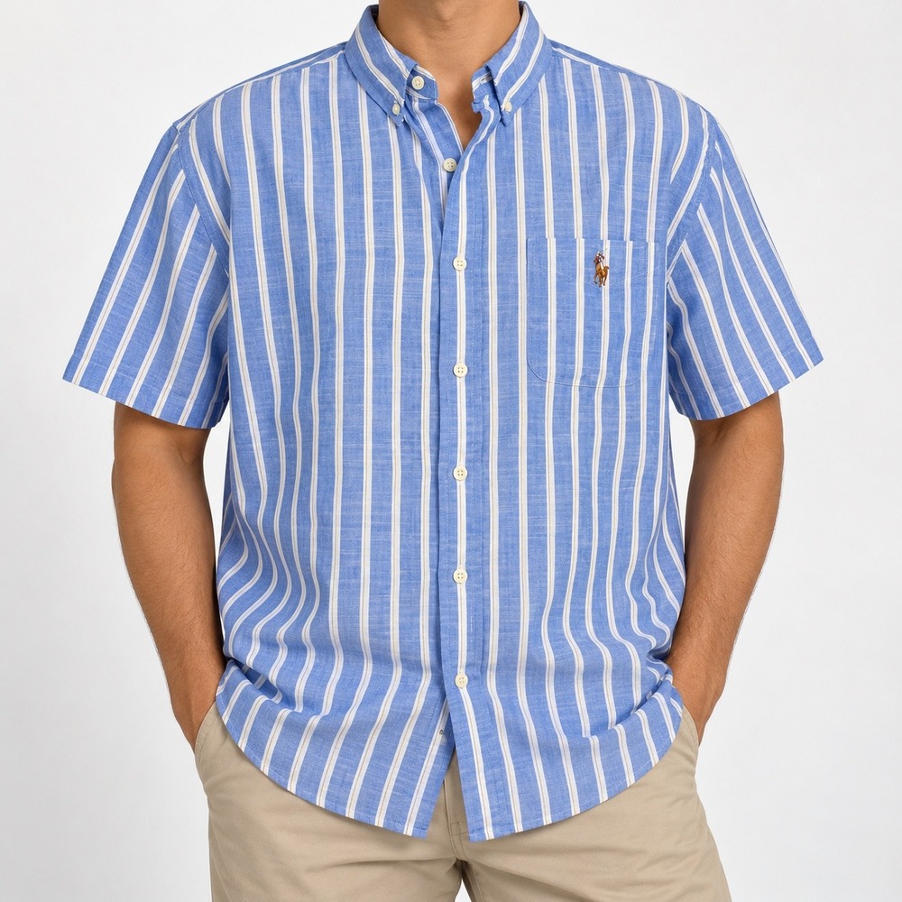 US Polo Assn Mens XL Blue White Striped Short Sleeve Button Down Stretch Shirt